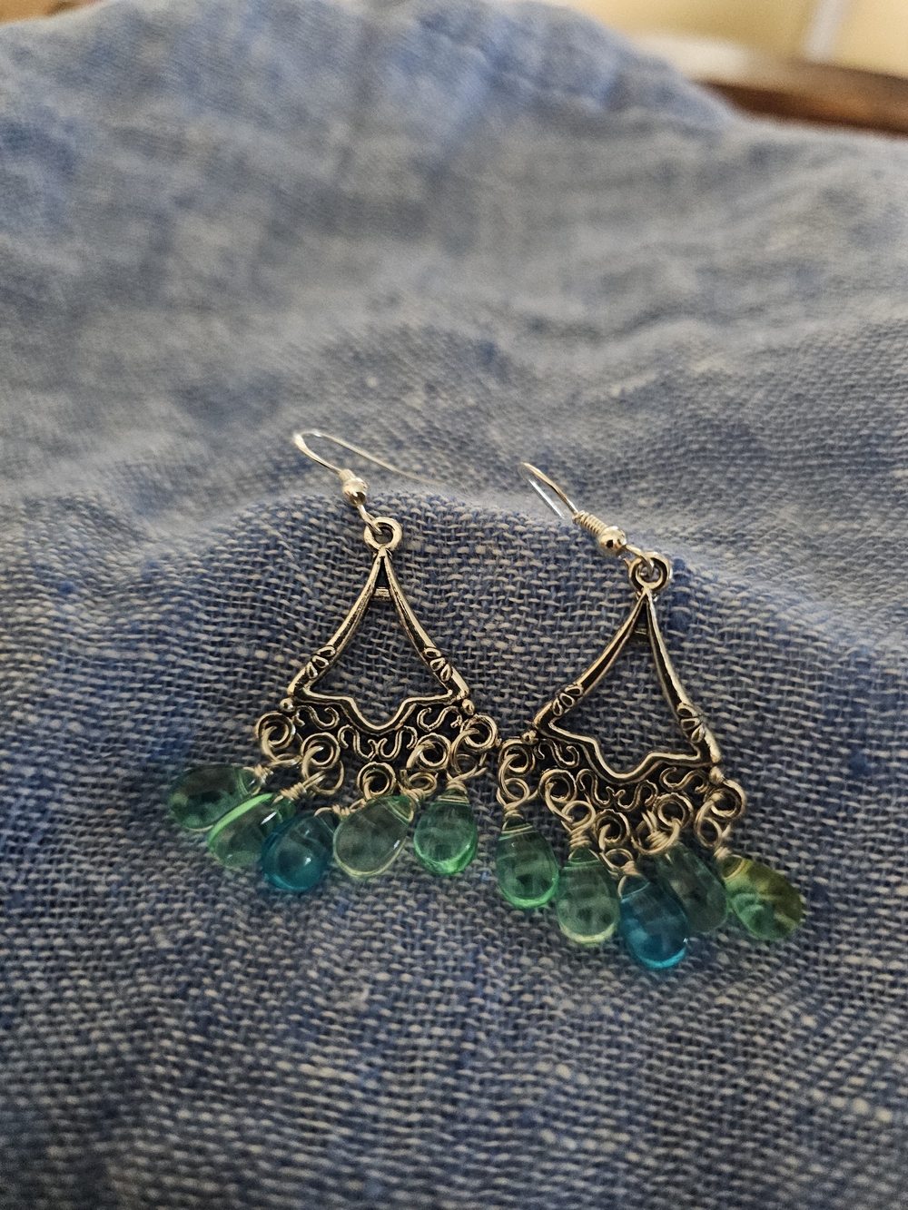 Hand Made Silver Tone Chandelier Earrings with Green Teal Drops Sterling Backs